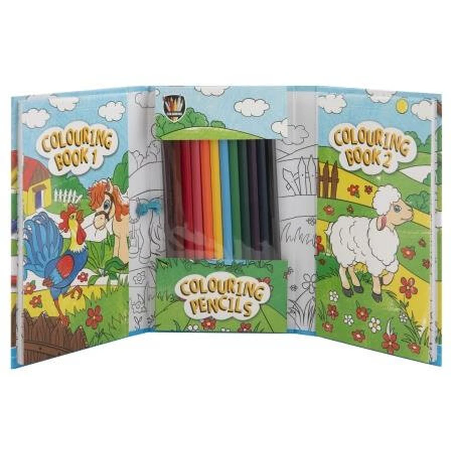 Creative pocket set, 2 coloring books and crayons, farm animals, Grafix