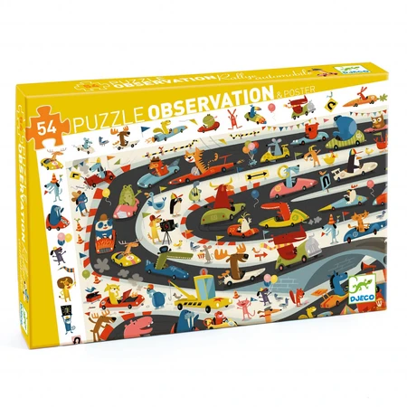 Puzzle de observación Djeco, Rally de los coches