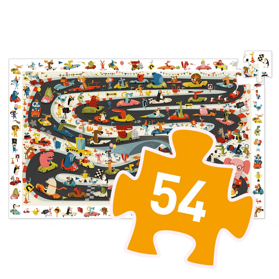 Puzzle de observación Djeco, Rally de los coches