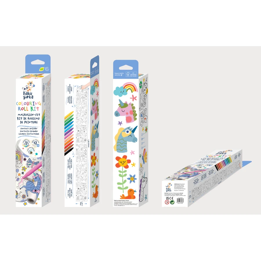 Tekenrollerset 3 m en 12 waskleurpotloden, Haku Yoka - Eenhoorns