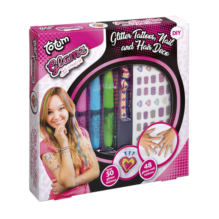 3 in 1 creatieve set, glittertattoos, glitternageltattoos en haarkleurpotloden - Fashion Glamz
