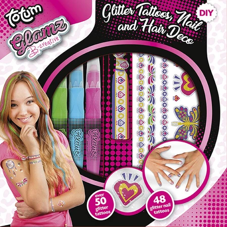 3 in 1 creatieve set, glittertattoos, glitternageltattoos en haarkleurpotloden - Fashion Glamz