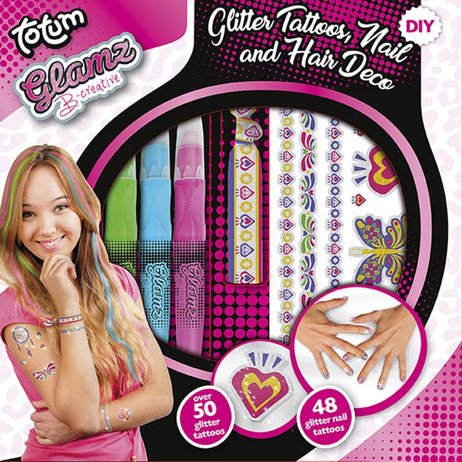 3 in 1 creatieve set, glittertattoos, glitternageltattoos en haarkleurpotloden - Fashion Glamz