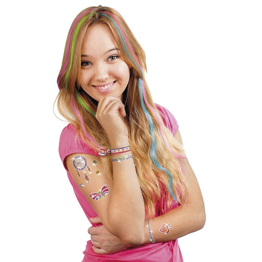 3 in 1 creatieve set, glittertattoos, glitternageltattoos en haarkleurpotloden - Fashion Glamz