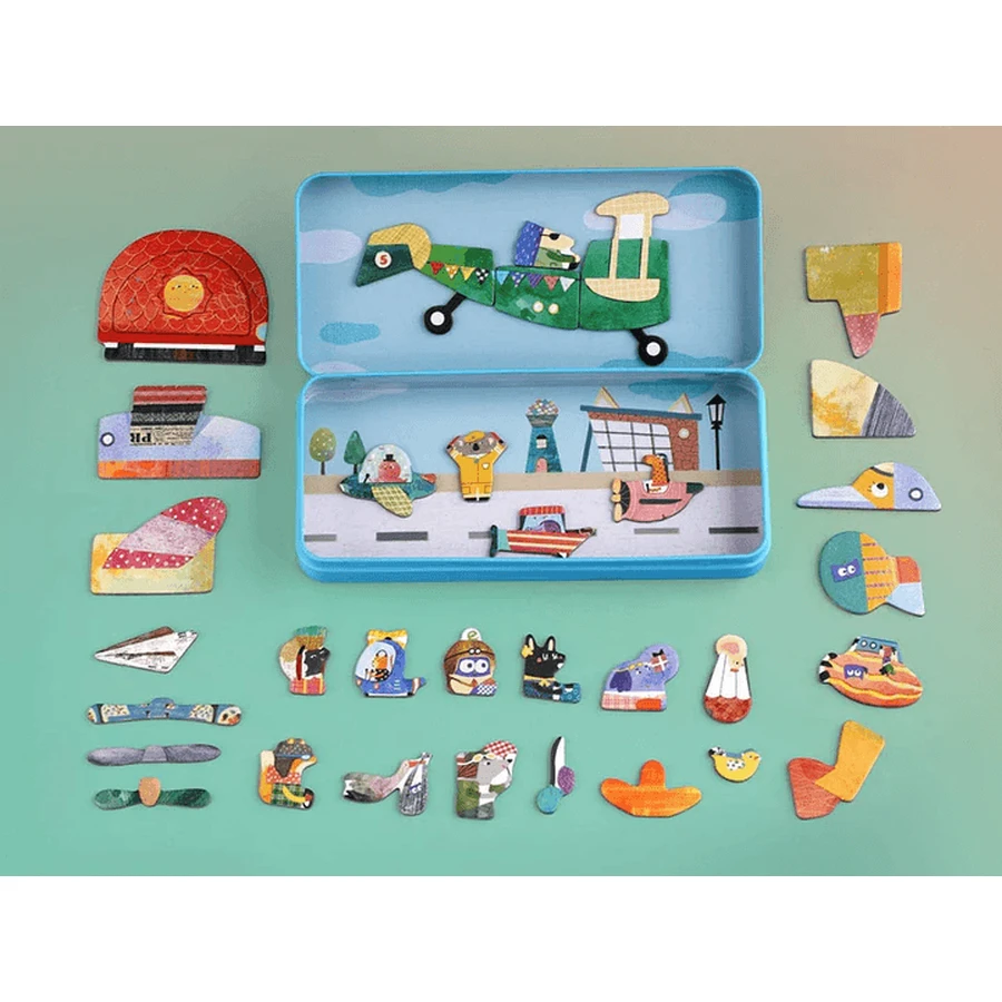 Magnetic puzzle in metal box, matching and matching game - Airplanes