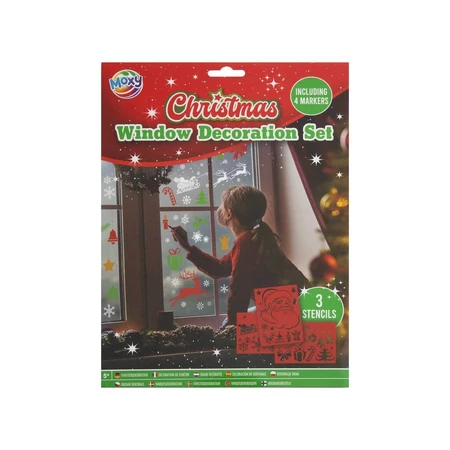 Christmas-themed window decoration set with markers and Christmas themed window decorations
