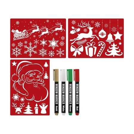 Christmas-themed window decoration set with markers and Christmas themed window decorations