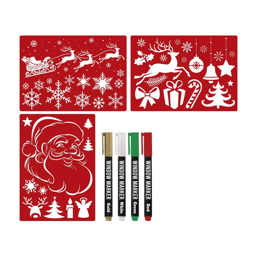 Christmas-themed window decoration set with markers and Christmas themed window decorations