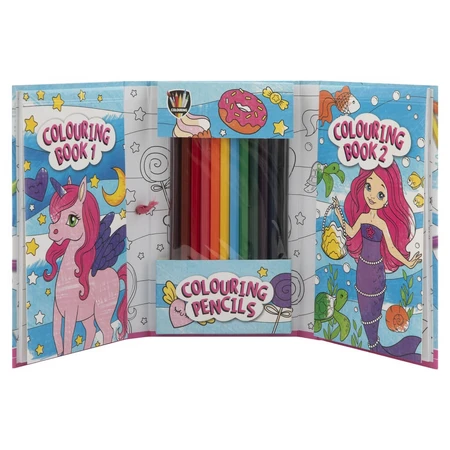 Set de bolsillo creativo, 2 libros para colorear y lápices de colores, unicornios y sirenas, Grafix