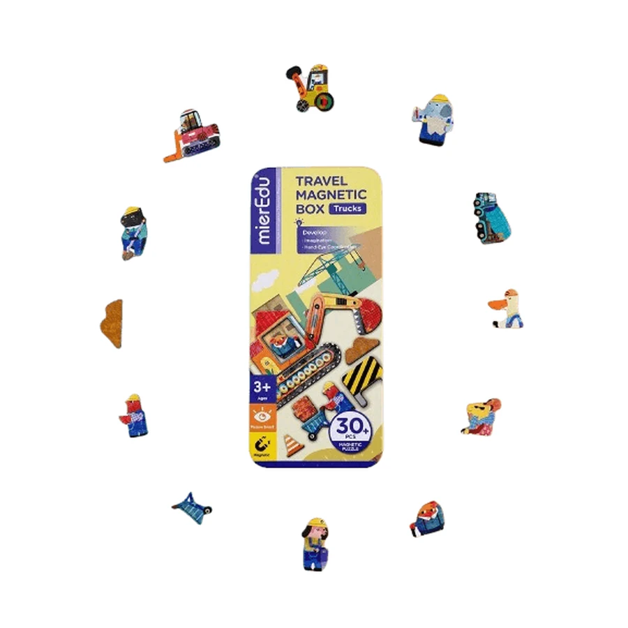Magnetic puzzle in metal box, matching game - Trucks