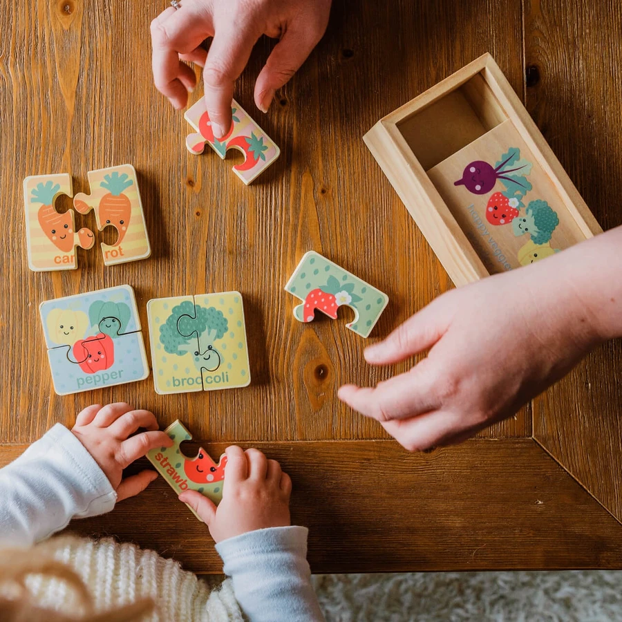 Puzzle en bois dans sa boîte Légumes, orangers Jouets