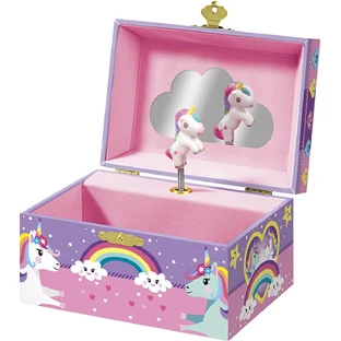 Scatola musicale per gioielli con statuetta di unicorno e specchio