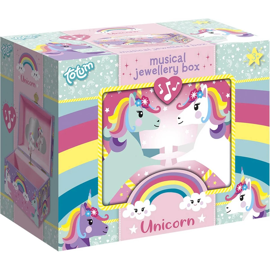 Scatola musicale per gioielli con statuetta di unicorno e specchio