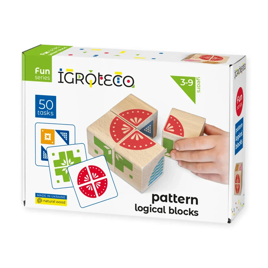 Wooden logic blocks, with pattern, 4 pieces