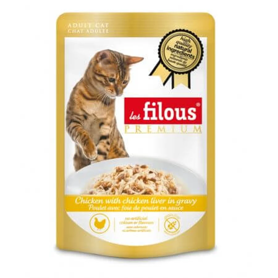 Comida húmeda con pollo e hígado de pollo en salsa para gatos, 80 g, Les Filous