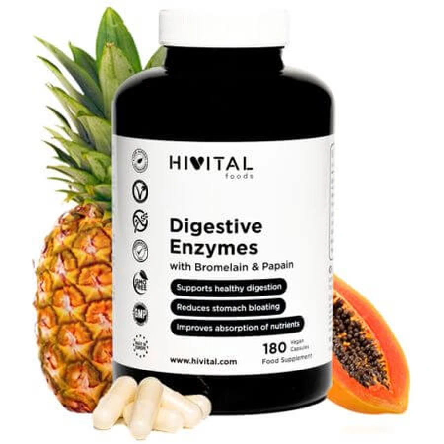 Enzimas digestivas con bromelina y papaína, 180 cápsulas vegetales, Hivital