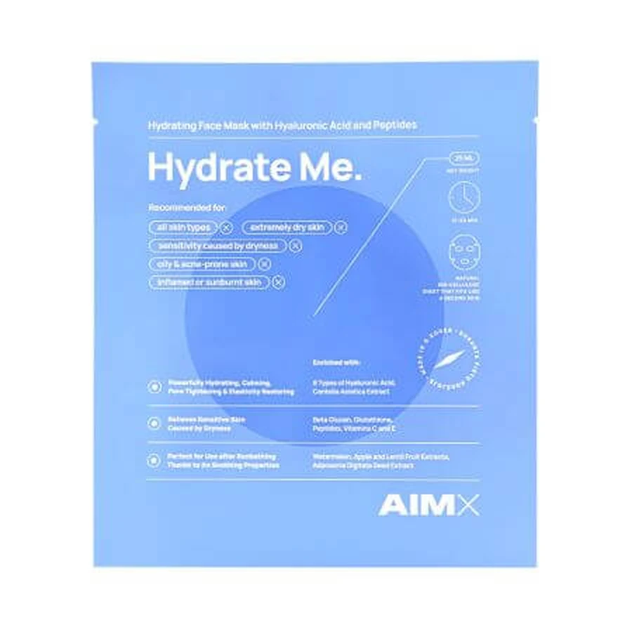 Hydrate Me 25 ml, AIMX Hydrate Me 25 ml, mascarilla en toallitas con péptidos, vitamina C y ácido hialurónico