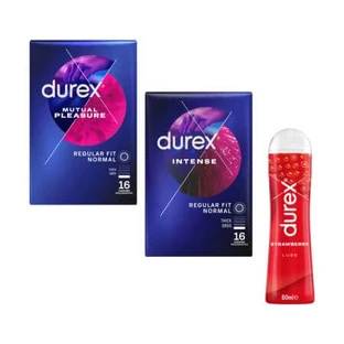 Emballage Prezervative Intense, 16 pièces + Prezervative Mutual Pleasure, 16 pièces + Strawberry Lubricant, 50 ml, Durex