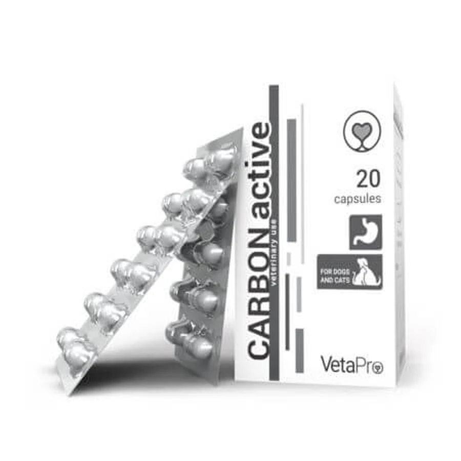 Suplemento digestivo para perros y gatos Carbon Active, 250 mg, 20 cápsulas, Vetapro