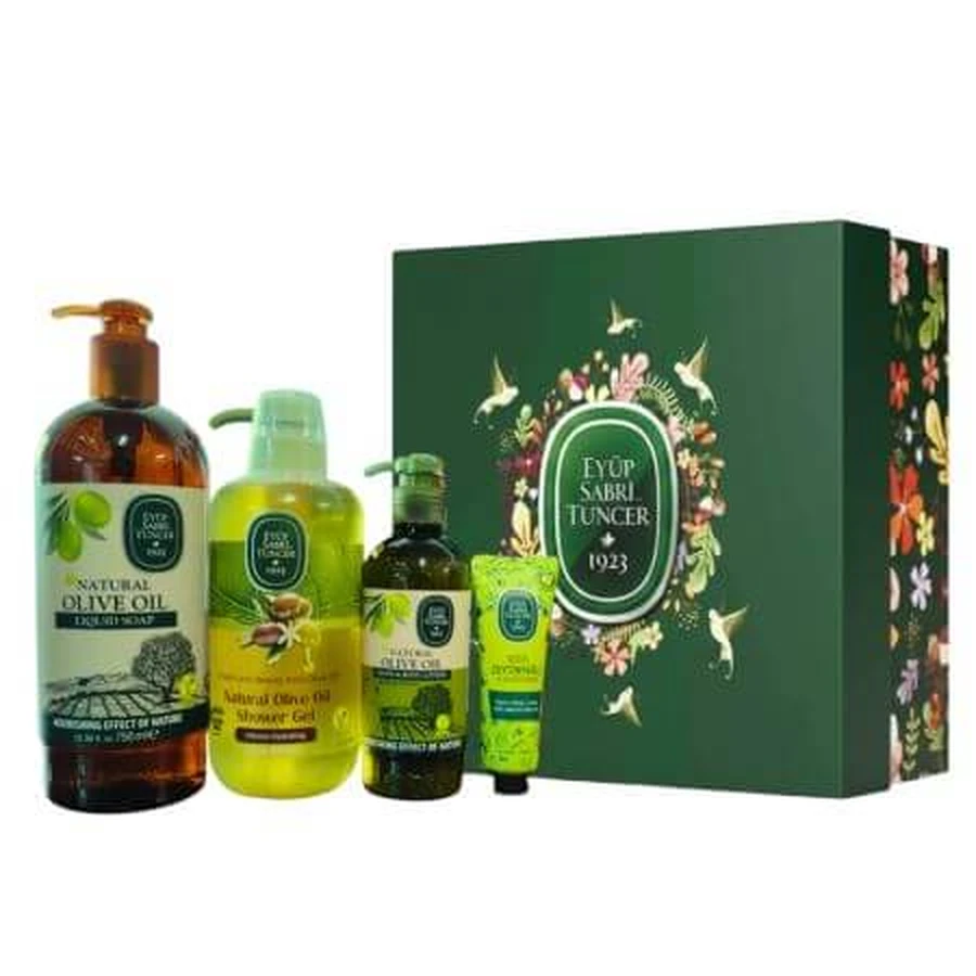 Set Gel de ducha 600 ml + Jabón líquido 750 ml + Loción para manos y cuerpo 250 ml + Crema de manos 50 ml Olive Touch, Eyup Sabri Tuncer