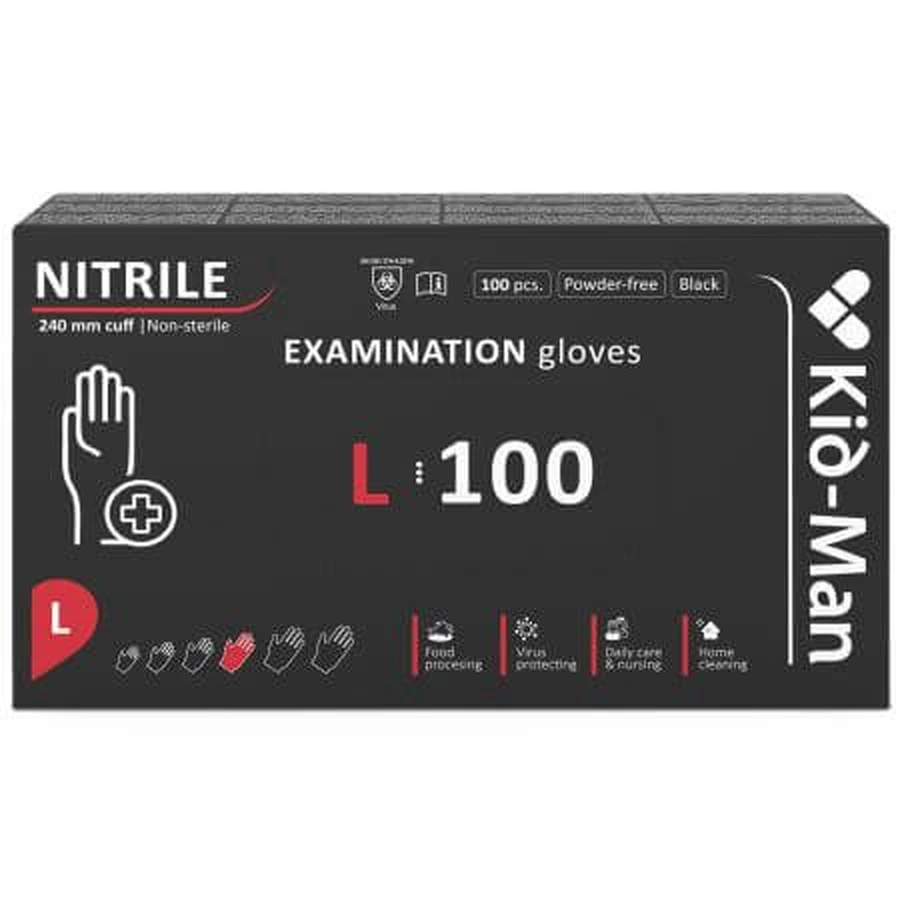 Disposable unpowdered nitrile gloves, black, size L, 100 pieces, Kid-Man