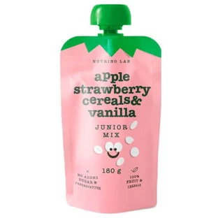 Pasteurized puree with apples, strawberries, added cereals, vanilla and vitamin C Junior Mix, 180 g, Nutrino Lab