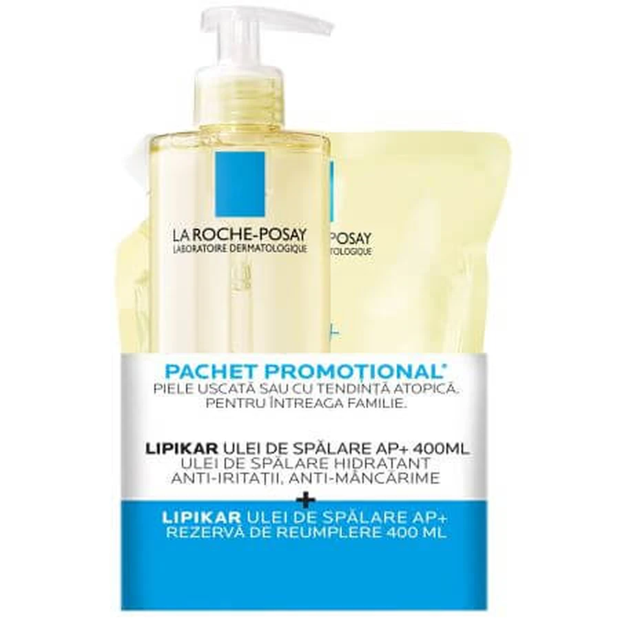 Pack Huile lavante hydratante pour peaux sèches ou à tendance atopique Lipikar AP+, 400 ml + recharge, 400 ml, La Roche-Posay