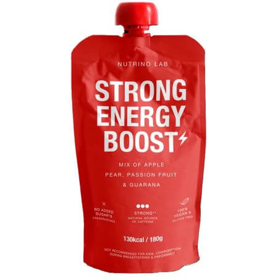 Pasteurisiertes Fruchtpüree mit Äpfeln, Birnen, Passionsfrucht und Guarana Strong Energy Boost, 180 g, Nutrino Lab