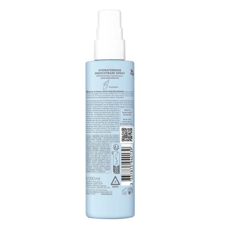 Moisturizing face and body moisturizing spray with sun protection SPF 50 Capital Soleil Soleil UV Aqua, 200 ml, Vichy