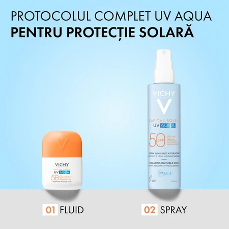 Moisturizing face and body moisturizing spray with sun protection SPF 50 Capital Soleil Soleil UV Aqua, 200 ml, Vichy
