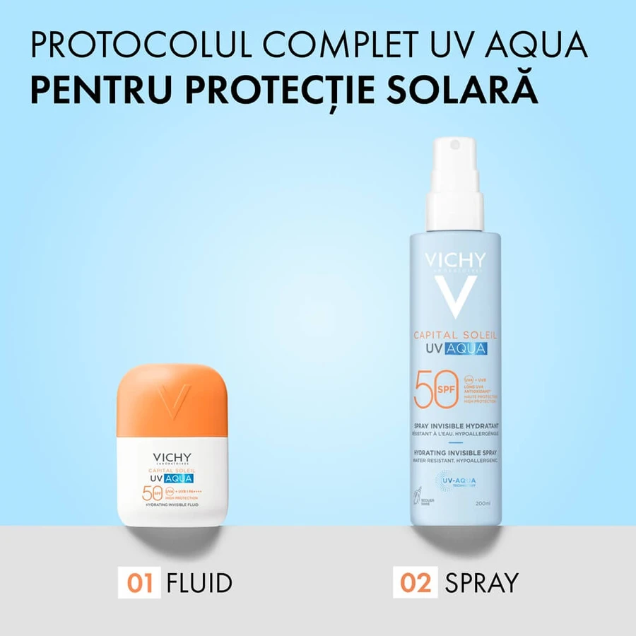 Moisturizing face and body moisturizing spray with sun protection SPF 50 Capital Soleil Soleil UV Aqua, 200 ml, Vichy