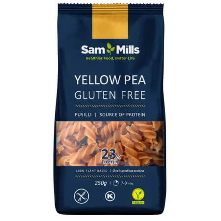 Pâtes fusilli aux pois jaunes, 23% de protéines, 250 g, Sam Mills