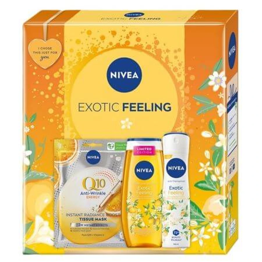 Set Q10 Energy anti-rimpel gezichtsmasker 1 stuk + Exoting Feeling douchegel 250 ml + Exoting Feeling deodorant spray 150 ml, Nivea