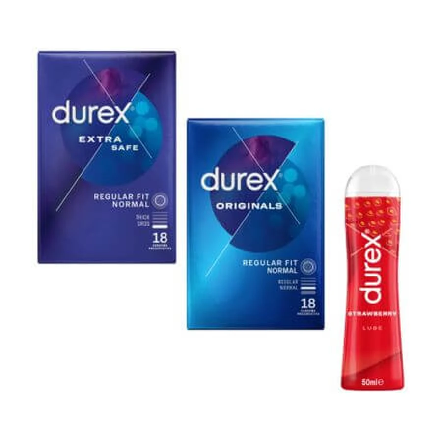 Pakket Prezervative Extra Safe, 18 stuks + Prezervative Originals, 18 stuks + Aardbeien Glijmiddel, 50 ml, Durex