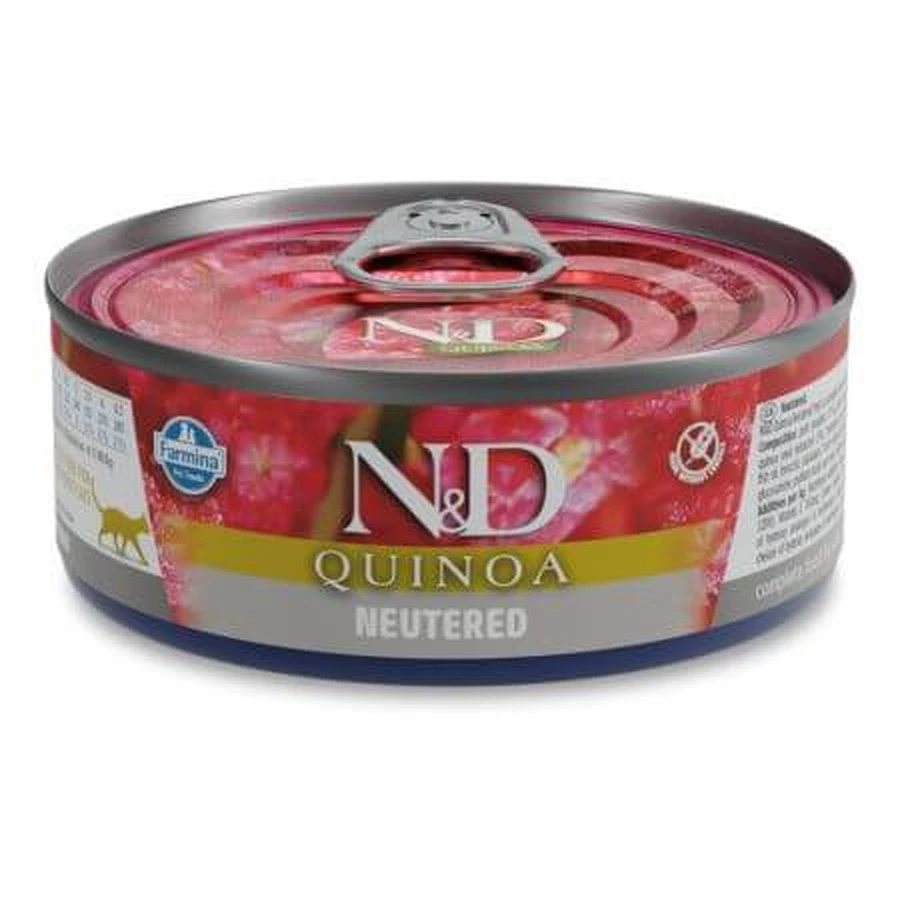 Natvoer voor gesteriliseerde volwassen katten Quinoa Gecastreerd N&D, 80 g, Farmina