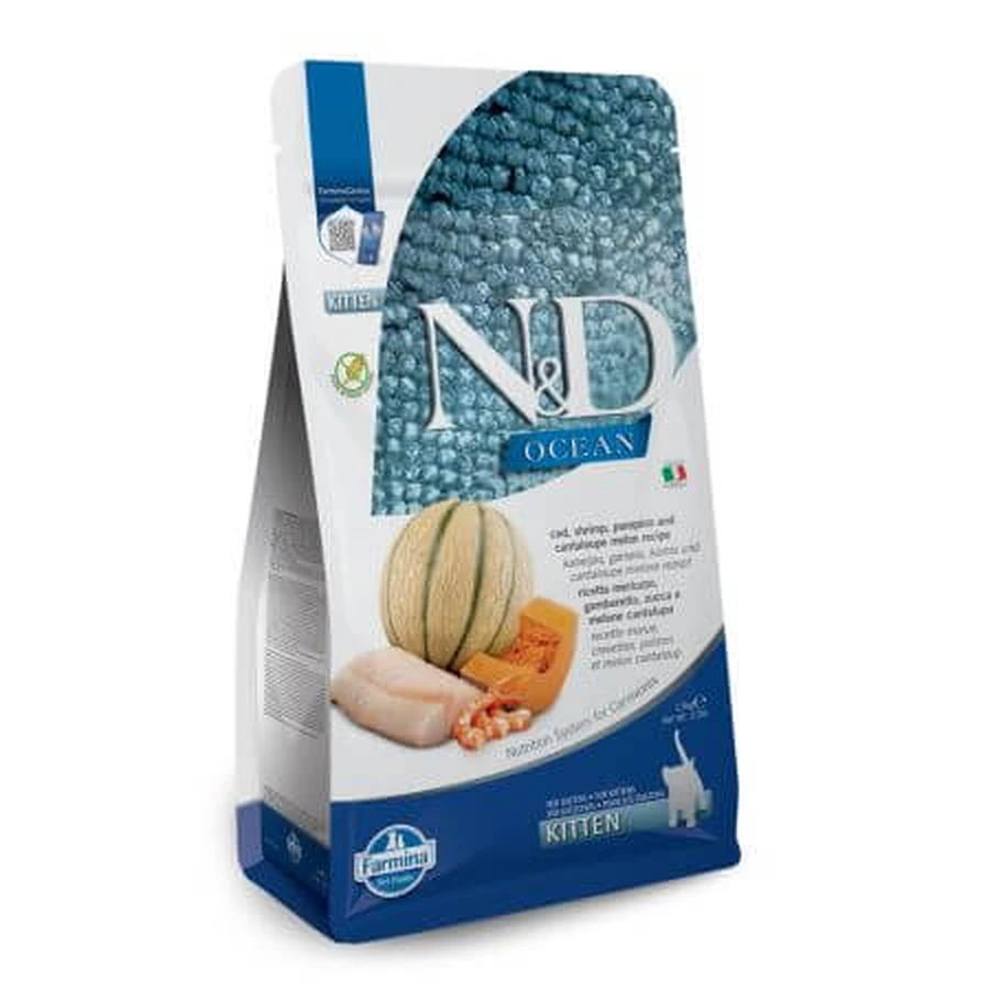 Katzentrockenfutter mit Kabeljau, Shrimps, Kürbis und Melone für Katzen Kitten Ocean N&D, 1,5 kg, Farmina