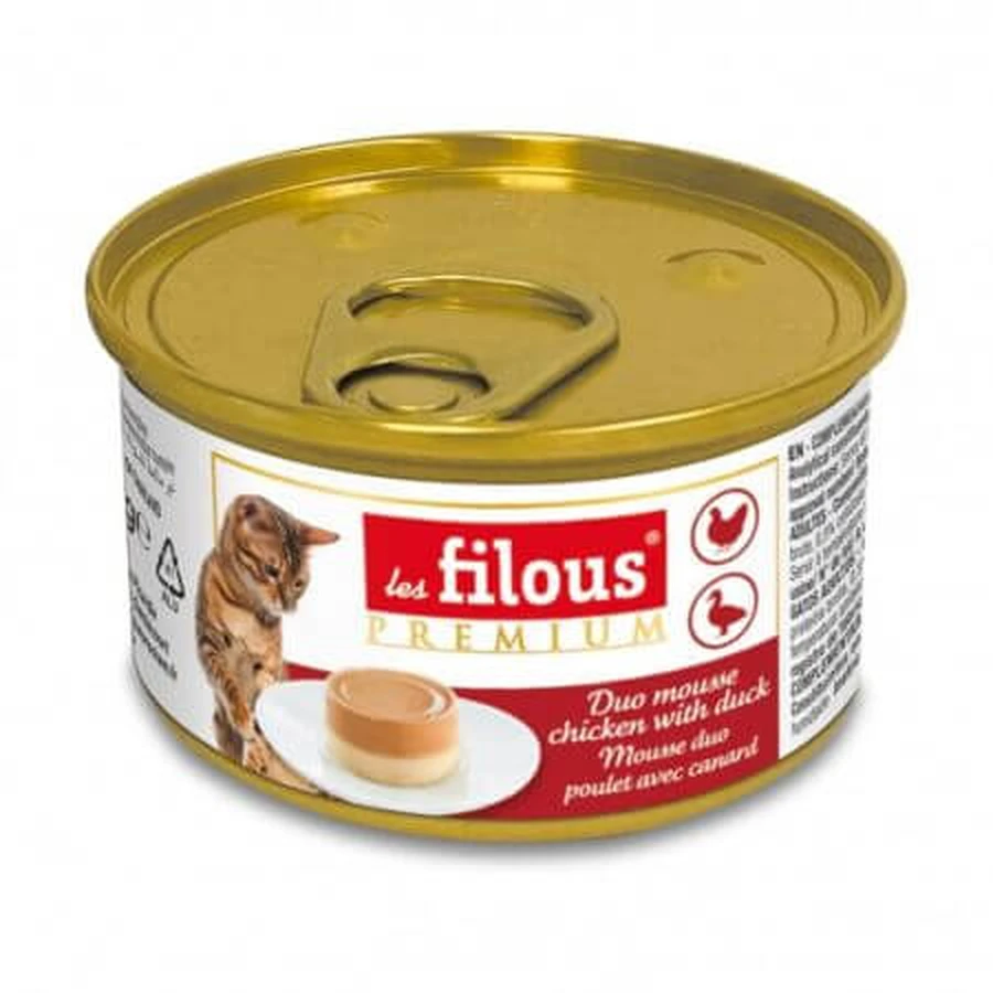 Alimentation humide avec du poulet et du canard pour chats Duo Mousse, 85 g, Les Filous