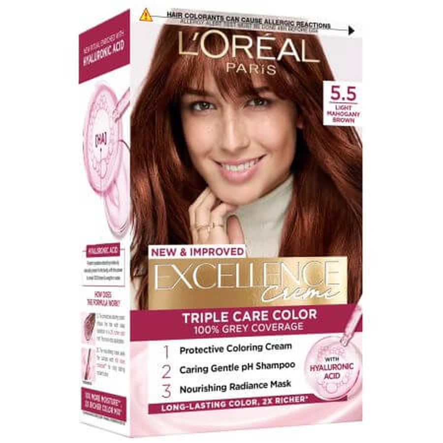 Tinte con ácido hialurónico Excellence Color Creme 5.5 Saten Deschis Acaju, 192 ml, Loreal