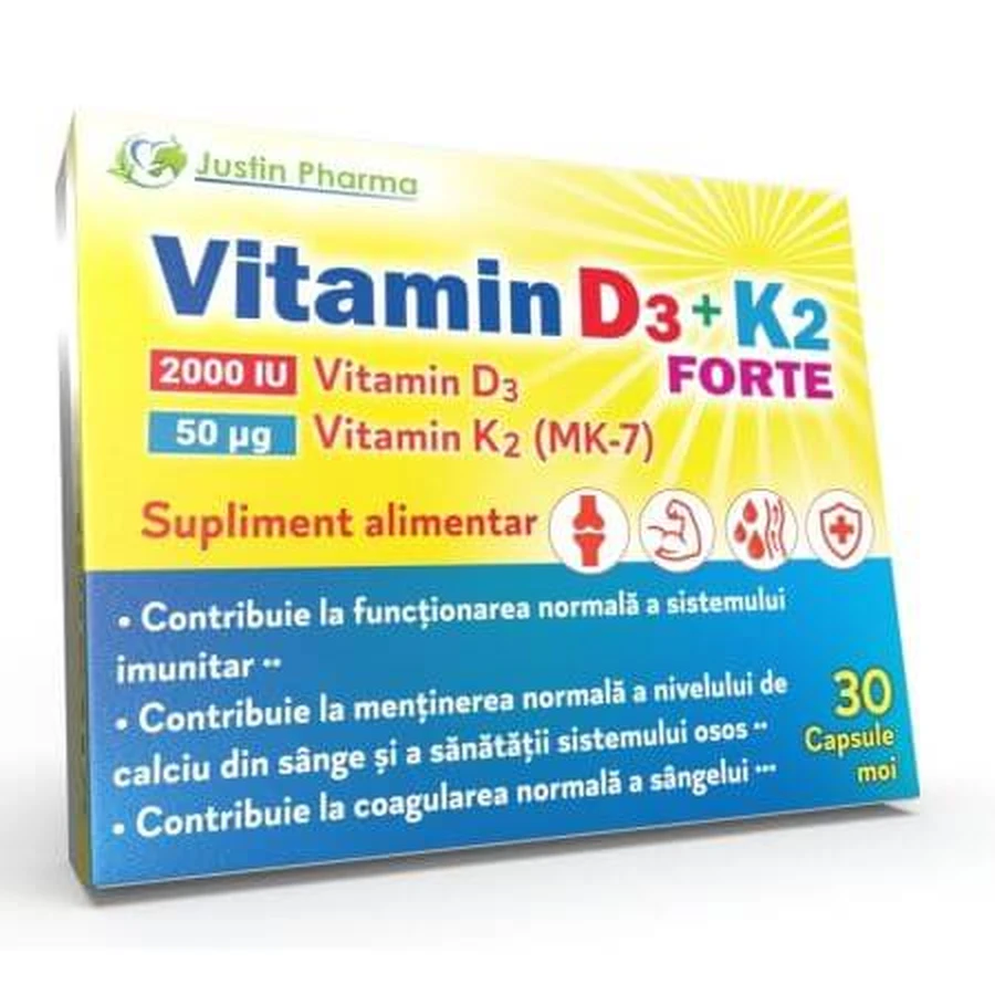 Vitamine D3 + K2 Forte, 30 softgels, Justin Pharma