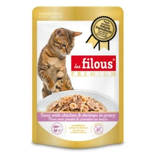 Hrana umeda cu ton, pui si creveti in sos pentru pisici, 80 g, Les Filous