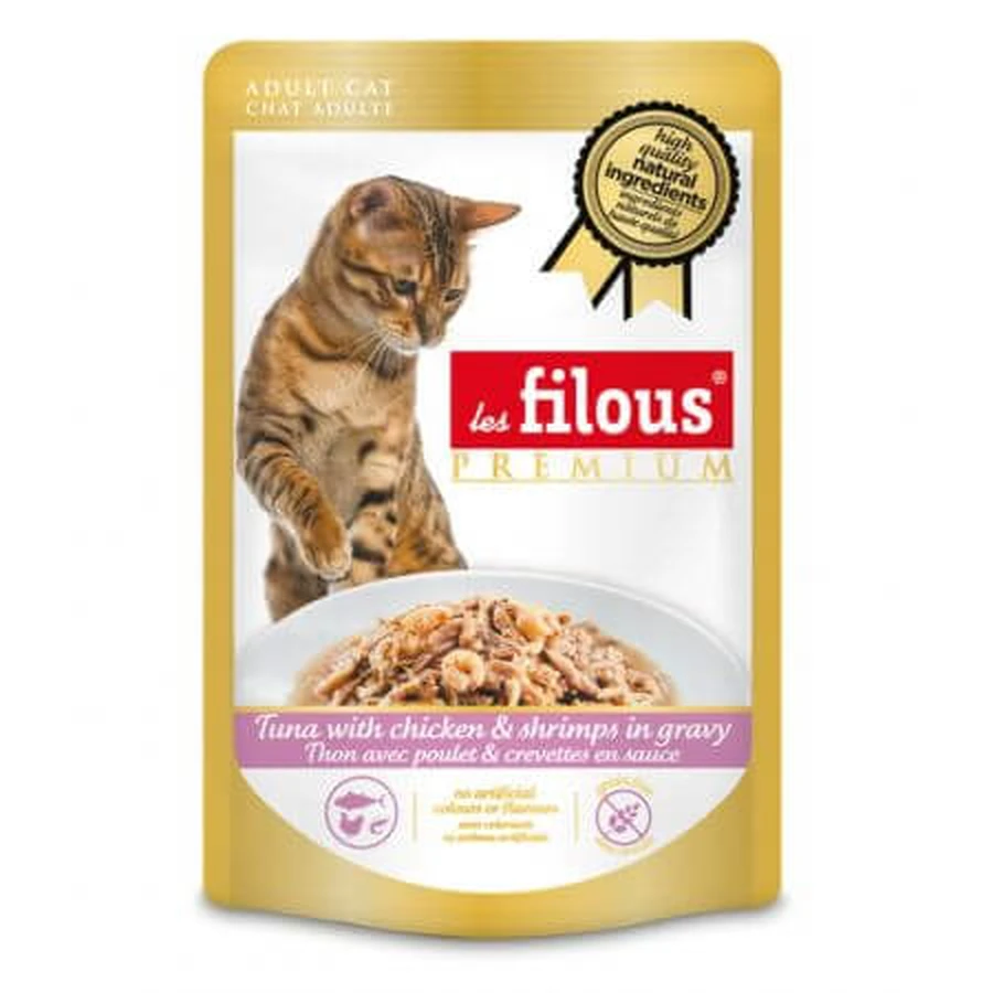 Nourriture humide pour chats avec du thon, du poulet et des crevettes en sauce, 80 g, Les Filous