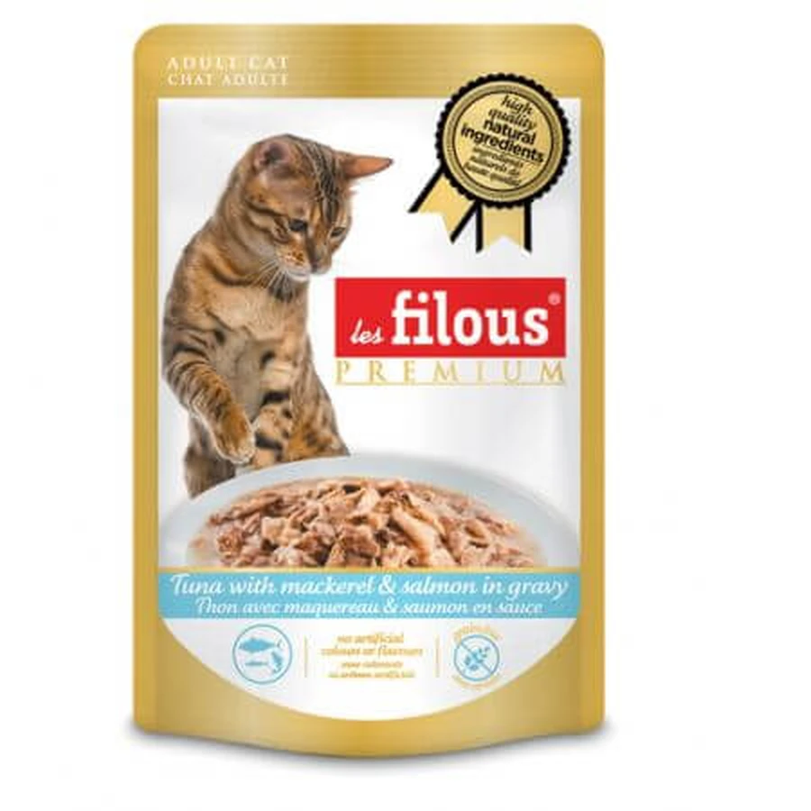 Nourriture humide pour chats avec du thon, du maquereau et du saumon en sauce, 80 g, Les Filous