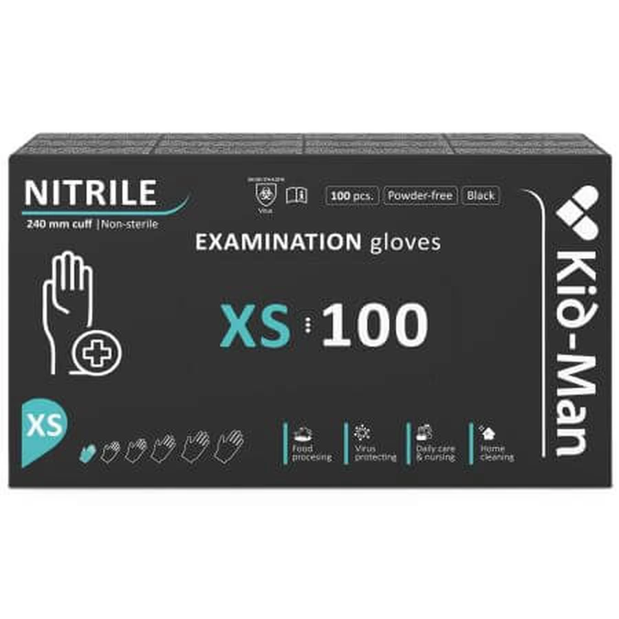 Ungepuderte Nitril-Einmalhandschuhe, schwarz, Größe XS, 100 Stück, Kid-Man
