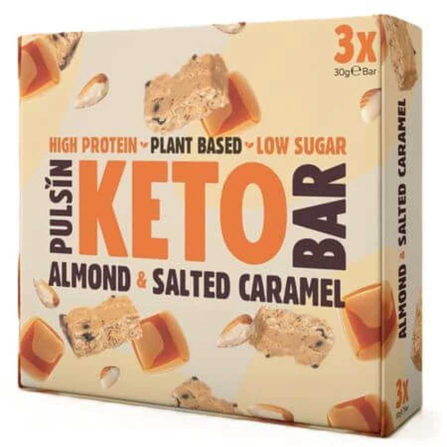 Protein bar with almonds and salted caramel Keto Bar, 3x30 g, Pulsin