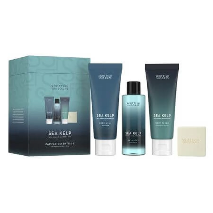 Set Duschgel mit Milchsäure 75 ml + Körperfeuchtigkeitscreme mit Hyaluronsäure 75 ml + Schaum mit Gurkenextrakt 100 ml + Hand- und Körperseife 40 g Sea Kelp, Scottish Fine Soaps