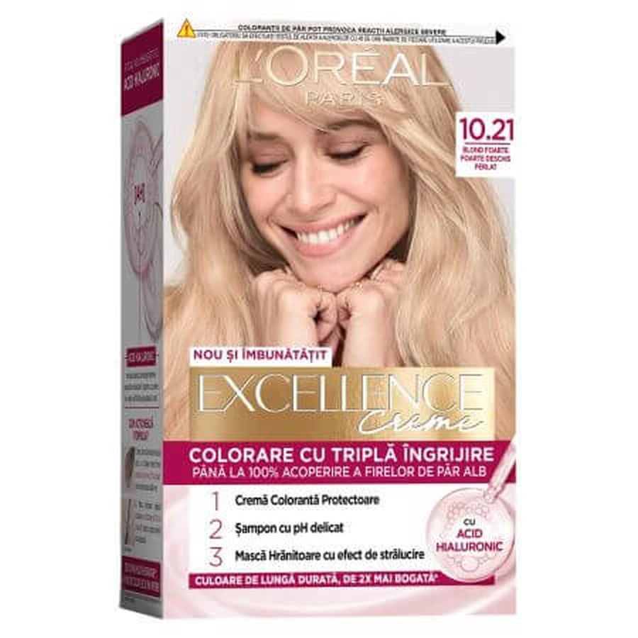 Tinte con ácido hialurónico Excellence Color Creme 10.21 Rubio muy claro nacarado, 192 ml, Loreal