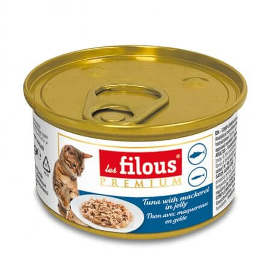 Nourriture humide pour chats avec thon et maquereau en aspic, 85 g, Les Filous