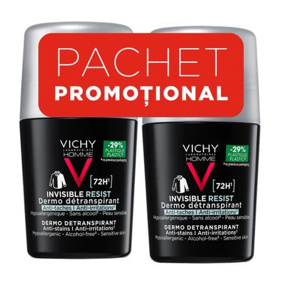 Antiperspirant roll-on deodorant for men Invisible Resist 72H, 50 ml + 50 ml, Vichy