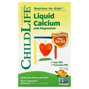 Flüssiges Calcium mit Magnesium + K2 und D3 für Kinder Childlife Essentials, 30 Portionsbeutel, Secom