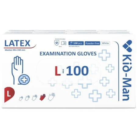 Disposable white latex gloves, size L, 100 pieces, Kid-Man